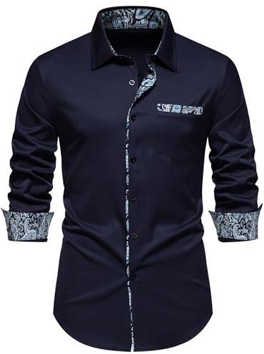 MakingDa Men's Inner Contrast Dress Shirt Paisley Business Casual Smart Formal Classic Long Sleeve Regular Fit Button Down Wedding Party Work Shirts with Pockets-A355-Dark Blue-XL
