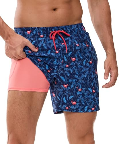 Badshorts för män snabbtorkande tyg badbyxor herr med boxershorts fodrade trosor och fickor, herr pooldräkt 2-i-1 kompressionsfoder herr badshorts, Blå + kokosnöt träd, M