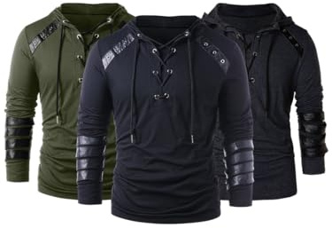 helymore Men Gothic Hoodie Steampunk Drawcord Lace up Pullover Hooded Medieval Knight Long Sleeve Sweatshirt Renaissance Costume Blouse Tops, XXL Black