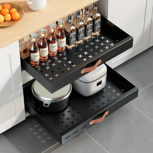 Livofloral Teleskopschublade, Ausziehbare Schublade Küchen, Verstellbare Breite Ausziehbarer Schrank Organizer, Kein Bohren, für Küche, Wohnzimmer, 30-50 cm B x 40 cm T x 6 cm H, Schwarz, 1 Stück