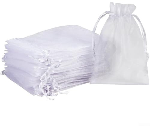 Weiße Organza-Beutel, Hochzeitsfeier, Schmuckbeutel, 100 Stück, Kordelzug-Verschluss (9 x 12 cm)