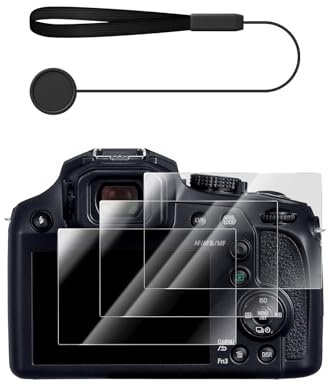 VOVMOEYA 3 Packs Screen Protector with 1 Lens Cap Leash for Panasonic Lumix DC-FZ80,FZ80D FZ82 FZ82D FZ85 FZ85D TZ85 ZS70 TZ90 TZ95, Tempered Glass Film, 0.25mm 9H Anti-Scratch Anti-Bubble