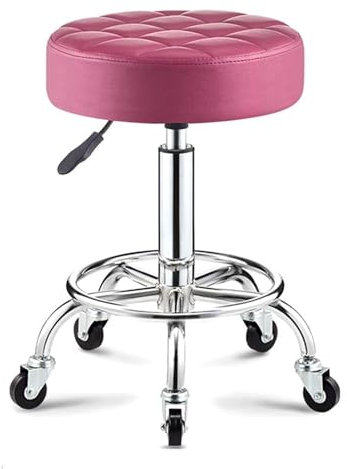 JAVYPPT Mehrfarbiger drehbarer Massage-Salonhocker mit Fußstütze, runder Rollhocker-Stuhl, höhenverstellbarer PU-Lederhocker for Friseur-Maniküre(Red)