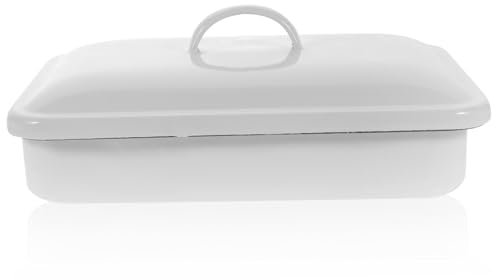 Cabilock Plateau En Émail Épais Avec Couvercle Plaque De Conservation Des Aliments Blanc 30 X 20 Cm Plaque De Cuisson Antiadhésive En Émail Plaque De Four Pour Cuisine