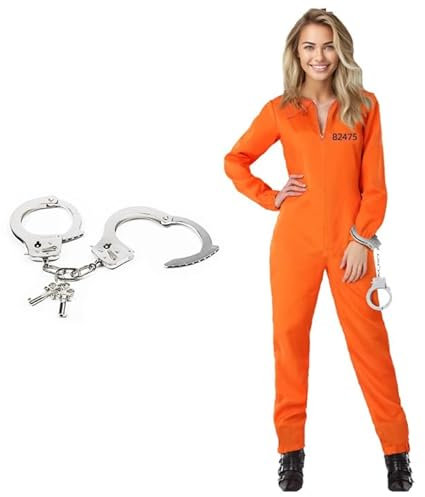 DASIAUTOEM Häftling Kostüm, Unisex Orange Sträfling Gefangener Kostüm Faschingskostüme Herren Damen Sträfling Gefangene Kostüm mit Handschellen Karneval Cosplay für Sträflinge und Räuber (XL-XXL)