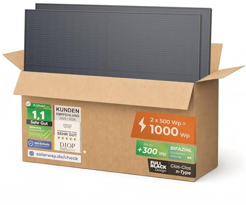Solarway 500W Solarpanel Full Black Bifazial Glas/Glas PV Panel mit positiver Leistungstoleranz von 0-5 Watt, n-type, geeignet für Balkonkraftwerk (500W, 2 Panels)
