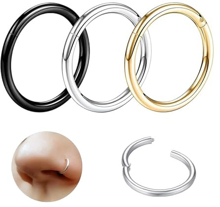 Anillo Piercing Nariz 3 Piezas 10 mm Anillos de Nariz Aro Nariz Anillos Aro Pendientes anillo Perforación Tabique nasal clip Anillo de Nariz Doble 316L Acero Quirúrgico Septum Nariz Pendientes unisexo
