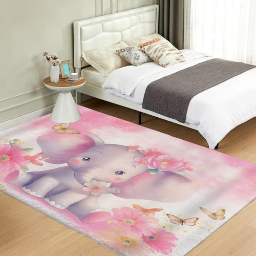 NAWVNMI Waschbarer Teppich Krabbelmatte Babyzimmer Kinder rutschfest Flauschig Teppich Teppich Kinderzimmer Junge Mädchen Kinderteppich, Duftend - Blume Elefant, 120 x 180 cm