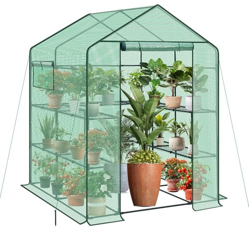 Sekey Walk In Greenhouse with Shelves - Stable Frame & Easy Assembly, Outdoor Green house with Waterproof PE Cover Plastic Greenhouse, All-Weather Protection, White (Green(L))