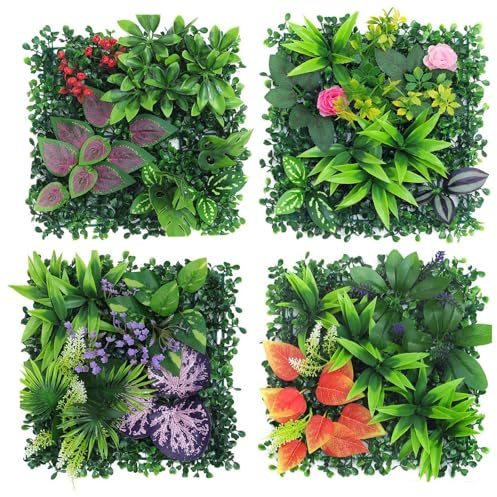 AQCQDQ Pflanzenwand Outdoor, 4 Stück Kunstpflanzen Wand, 25 x 25 cm Künstliche Pflanzen Deko für Wand, Balkon & Garten (Hybrid 05)