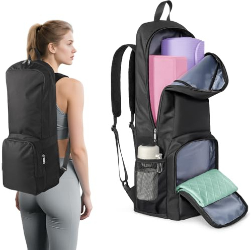 Tangoner Yoga Mat Bag Backpack Zipper Closure Multi Functional Essential Pockets Exercise Yoga Mat Carrier (Black)