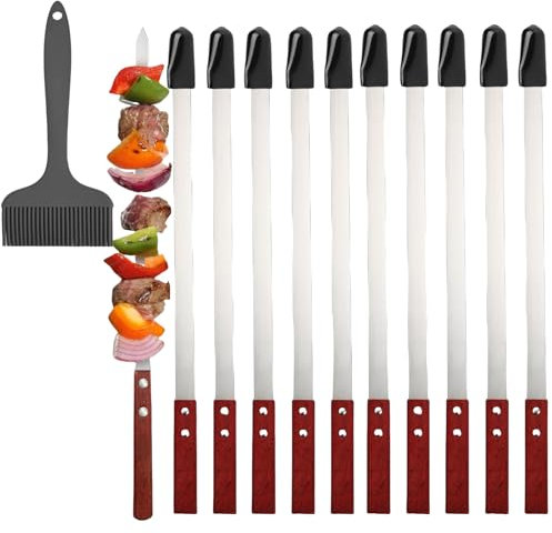 10 Brochettes plates pour barbecue en acier inoxydable 40cm avec manche en bois + grande brosse silicone - Set réutilisable pour kebabs, viandes et légumes - Accessoire BBQ complet