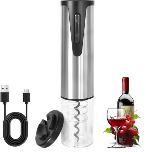 Abrebotellas de vino eléctrico, sacacorchos automático eléctrico recargable con cortador de papel de aluminio y cable de carga USB para Hogar,Bar y como Regalo,Plata