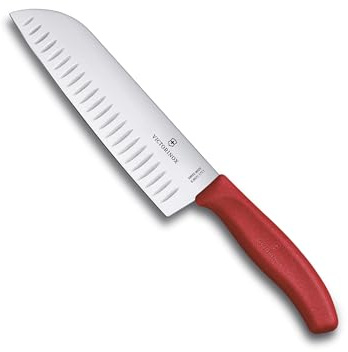 Victorinox Swiss Classic Santoku Knife, Asian-Style Knife, Extra-Sharp Blade, Bevelled Edge, 17 cm, Stainless Steel, Blister, Red