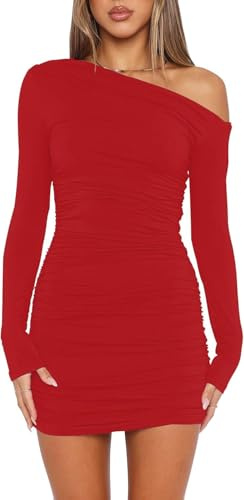 Wenrine Vestido de Mujer Sexy con Hombros Descubiertos, Vestido de Fiesta, Manga Larga, Mini Vestido de Volantes, Bodycon para Invitados de Boda, Vestido de cóctel, Rojo, XL