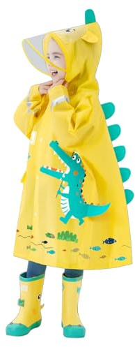 Kids Waterproof Rain Poncho Cute Dinosaur Raincoat Outwear Portable Reusable EVA Raincoat for Girls Boys Lightweight Rainwear Rain Jacket with Hood and Buttons for School Travel Hiking 1-7 Years