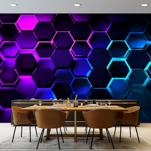 Custom Size Photo Wallpaper, Simple Neon Hexagons Theme Non-Woven Mural Wallpaper, Black Wall Art 3D Mural Decoration for Gaming Room Living Room Bedroom Kitchen Office, 200 x 140 cm