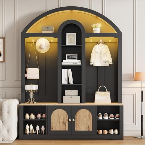 SUKY Multifunktionaler Kleiderschrank, Eingangsbereichsschrank mit Schuhregal, Ablagen und Haken .Garderobenschrank Eine Garderobe mit modernem Design und praktischem Stauraum, 150x40x195cm (Schwarz)