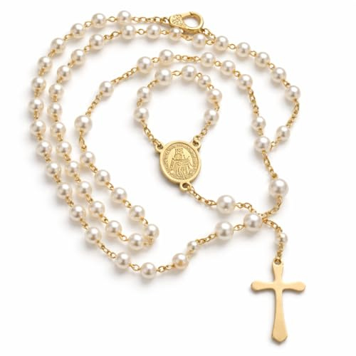 Genérico Rosario Virgen del Carmen con Perlas Nacaradas – Rosario Católico con Cruz Clásica, Collar de Oración Religioso, Regalo de Fe para Mujer y Hombre
