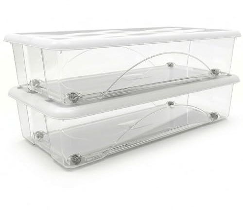 Set di 2 Scatole Sotto letto con Ruote Coperchio bianco 40 lt box basso h17,5 cm per letti Contenitori Salvaspazio in Plastica Trasparente cm 79x39 Ideale per Vestiti e Cambio Stagione Organizzazione