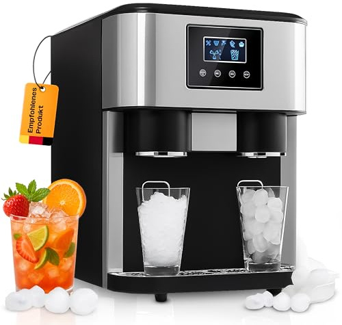 Retoo Premium 3 in 1 Eiswürfelmaschine mit Crushed Ice & Wasserspender, 18kg/24h, 16 Eiswürfel in 8–10 Min, Ice Maker für Cocktails, Whisky & Zuhause, Touchpanel, 2 Eisgrößen
