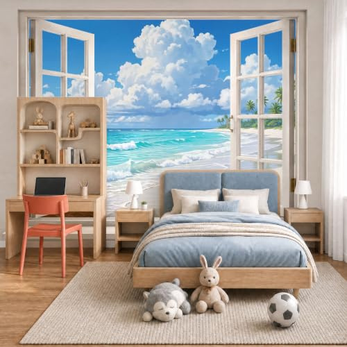 Papel Pintado 3D Vista De Ventana La Playa Natural Póster De Sunny Beach 200X140Cm Azul Claro Xxl Fotomurales Tejido No Tejido Murales Decorativos Pared Papel Tapiz Moderna Dormitorio Para La Sala