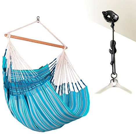 LA SIESTA® - Habana hängstol komfort storlek + monteringssats för avkoppling & stil: 360° vridfog, högkvalitativ bambuträ – GOTS-certifierad bomull (azure)