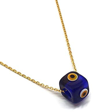 MYSTIC JEWELS by Dalia - Collar Mal de Ojo en forma cubo de Cristal Azul para la Buena Suerte - Cadena Plata de ley 925 con baño de Oro (Azul Marino)