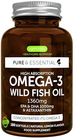 Omega 3 IFOS 5 Stelle 1000mg, Olio di Pesce Ultra Puro ad Alto Dosaggio, EPA 670mg & DHA 330mg, Trigliceride rTG Omega-3 Acidi grassi, 180 Softgel, Testato sicuro per mercurio, PCB e diossine, Igennus