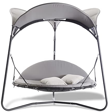 LECO Luxusschaukelbett MAREIKE – Gartenliege mit Sonnendach und verstellbarer Rückenlehne für zwei Personen - mit Polsterauflage und Kissen - grau