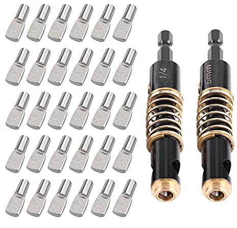 Hinge Drill Bit Set, 1/4 and 5mm Hex Shank Drill Bit Set with 60Pcs 5mm Shelf Support Pins Kit, Self Centering Hinge Tapper Core Hole Openning Puncher Bits for Woodworking Door Cabinet Hinges