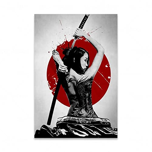 TSHAOSHUNHT Japanisches Samurai-Mädchen, Kunstdruck auf Leinwand, Gemälde, Bushido, Poster, Wanddekoration für Wohnzimmer, moderne Kunstwerke, 60 x 90 cm x 1 Stück, rahmenlos