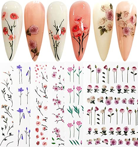 JMEOWIO Nagelsticker Frühling Blume 6 Blätter Nagelaufkleber Selbstklebend Frische Kirschblüte Weide Winde Design Nail Art Dekoration NagelDesign Zubehör für Frauen Mädchen