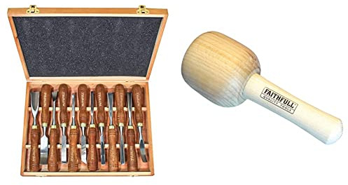 Faithfull FAIWCSET12 Wood Carving Chisels Set of 12 in Presentation Case & FAICM90HD Wood Carvers Beech Mallet 90mm (3.5in) 440g (15.5oz)