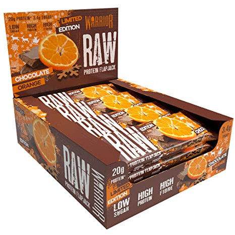 Warrior Raw Protein Bars – 12 x 75g High Protein Snack – High Fibre, Low Sugar – Ideal Meal Replacement or Healthy Nutrition Energy Snacks - Oat Bar Flapjacks – UK Made (Chocolate Orange)