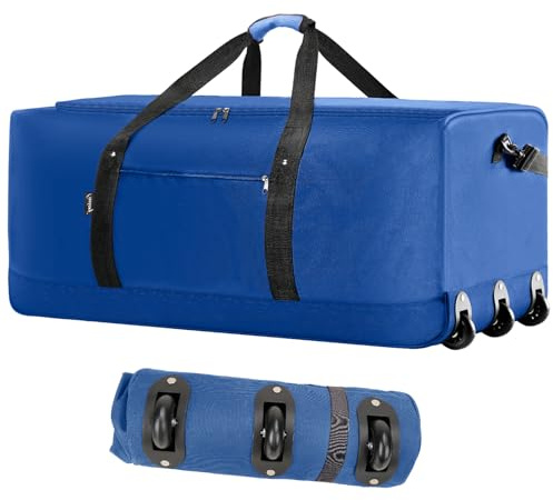 Finnhomy 120L Foldable Rolling Duffel Bag with 3 Wheels, Light Weight Travel Duffel bag with Large Loading Capacity, 32'' Rolling Duffel bag with Shoulder Strap (Blue)