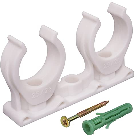SKIR'CO (40 Stück) Doppelrohrschellen, Kunststoffschellen für 25-28mm Rohre, U-Typ Rohrklemme, Rohrschellen weiße Clips, Schlauchaufhänger