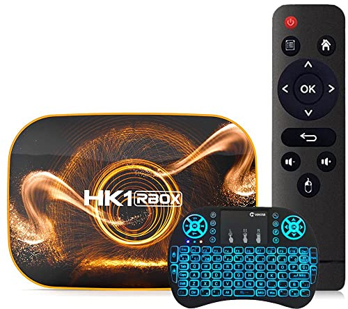Android TV Box 10.0, 2023 HK1 RBOX R1 TV 4 Go 128 Go Smart Box Pour TV Avec Puce RK3318 Ultra HD 4K HDR H.265 AV1 USB 2.0 2.4G 5.8Ghz Wifi BT 5.0 Avec Mini Clavier Sans Fil Rétroéclairé,4gb+32gb