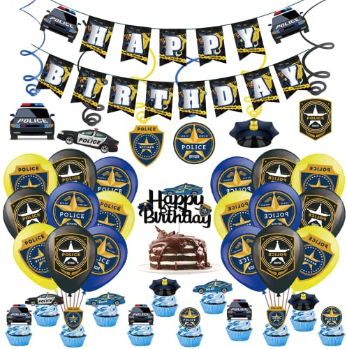 Bluelves Polizei Geburtstag Deko, Geburtstagsfeier Dekorationen Luftballons Set, Polizeiauto Folienballon für Partyzubehör