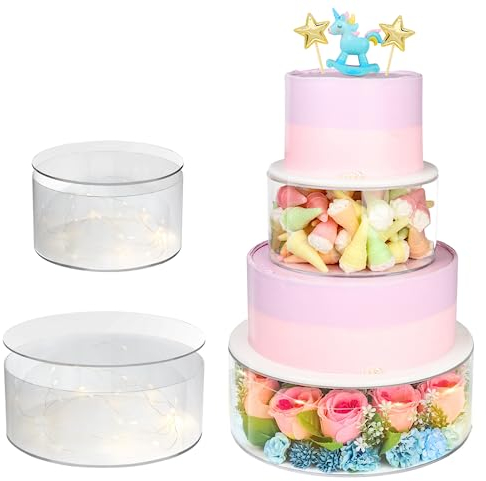 Nynelly Tortenständer Acryl, Tortenständer Befüllbar, Kuchentrenner, Acryl-Kuchenständer,Runde Torten zwischenbox mit Deckel, für Hochzeit, Geburtstag, Party, 2 Stück füllbare klare Kuchen Stand