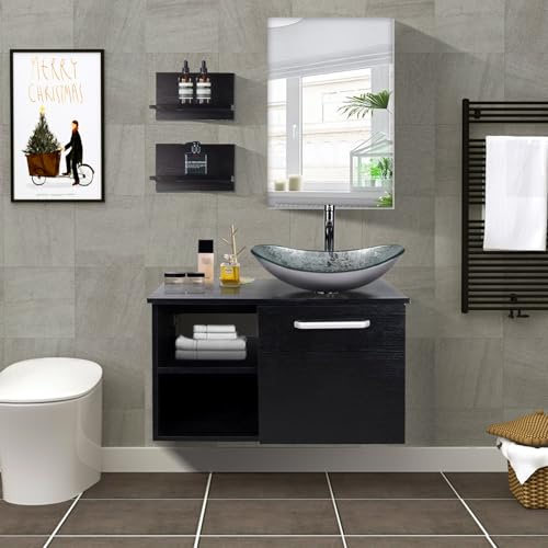 YU YUSING Set di mobili da bagno, mobiletto da bagno con lavandino, specchio, mobili da bagno con lavabo, armadietto a specchio, 2 mensole da parete, set rubinetto (argento moderno)