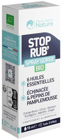 Prescription Nature - STOP'RUB - Spray Gorge Bio - Complément Alimentaire Maux de Gorge - 6 Huiles Essentielles, Extraits d’Échinacée et de Pépins de Pamplemousse - 15 ml