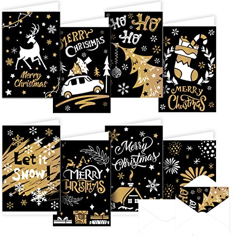 DERAYEE 16 Stück Weihnachtskarten Set(15.2x10.2cm) Klappkarten mit Gold Karikatur veredelt für Weihnacht Weihnachtsgeschenke Familie und Freunde