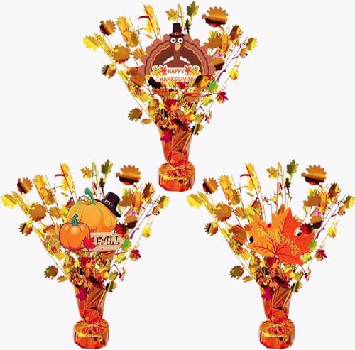 3 Pack Thanksgiving Day Fall Spray Centerpieces-Balloon Weight Centerpieces Gold Orange Metallic Strands Die-Cut Foil Autumn Leaves Centerpieces Thanksgiving Day Party Supplies Table Decorations