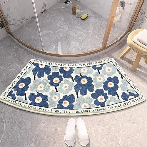 UVCMDUI Duschvorleger Halbrund, Weicher Saugfähige Duschvorleger Eckdusche mit Blumenmuster, rutschfeste Gebogene Duschmatte für Runddusche, Maschinenwaschbar,Blau,40x75CM(17.7x29.5IN)