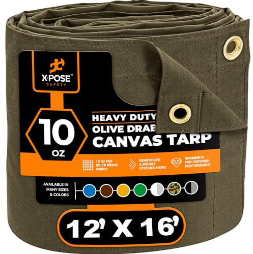 Xpose Safety Canvas Tarp - 10oz Olive Drab Canvas Tarps Heavy Duty Water Resistant with Brass Grommets- Multipurpose Outdoor Tarpaulin for Camping, Canopy, Trailer, Equipment Cover 12' x 16'