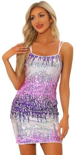 Allegra K Damen Halloween-Kostüm Pailletten Figurbetontes Minikleid Spaghettiträger Schnürung Party Club Funkelndes Glitzerkleid Lila Silber L