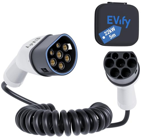 EVify Typ 2 Spiralladekabel 22kW 5M 32A für Elektroauto & Hybrid inkl. Kabeltasche • Spiralkabel 3 phasig für EV PHEV • Platzsparend, geeignet für alle E Autos Modell 3 S X Y, ID3, ID4, ID5