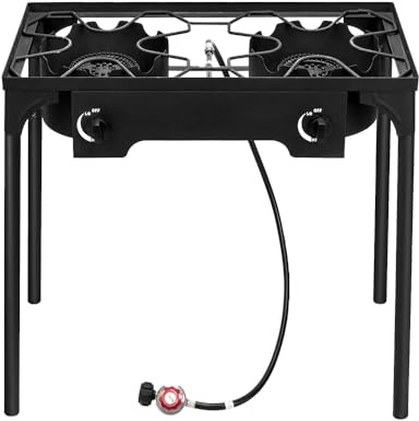 Propane 2 Burner Camp Stove High Pressure Gas Cooker Portable Cast Iron Patio Cooking Burner Removable Legs for Camping, Fishing, Tailgates CSA Listed Regulator Outdoor and Home Brewing