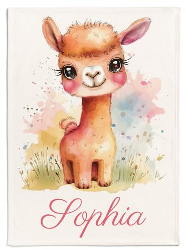 Pictogogo Personalisierte Babydecke mit Namen und Datum - Kuschelige Meilensteindecke aus Minky-Fleece, Ideal als Geburtsgeschenk (Lama)